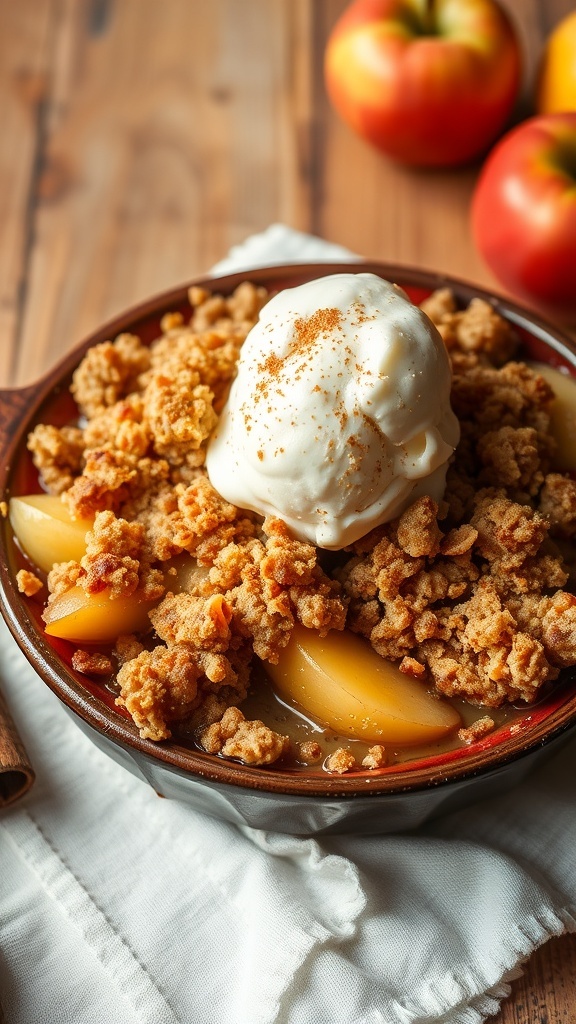 A warm apple crumble with golden topping and vanilla ice cream, served in a rustic dish on a wooden table.